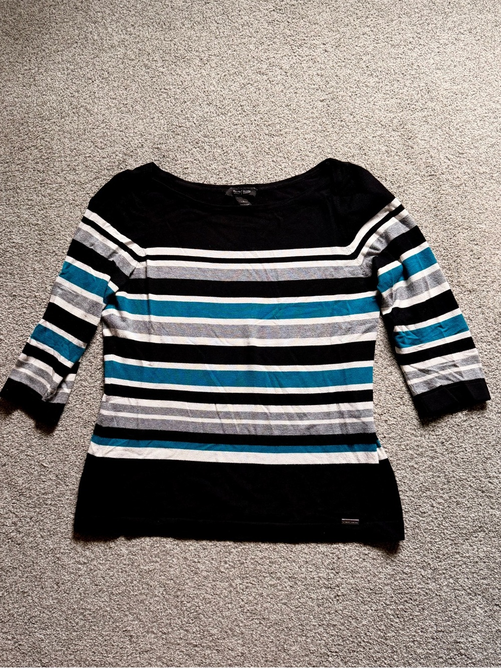 White House Black Market Black, Teal & Gray Striped Boatneck Long Sleeve Top